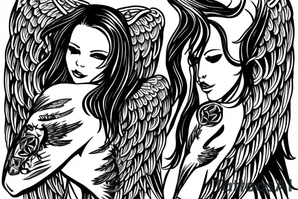 Angel with long hair, hugging her knees, wings folded around her tattoo idea