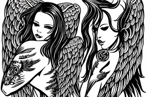 Angel with long hair, hugging her knees, wings folded around her tattoo idea