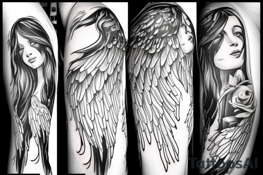Angel with long hair, hugging her knees, wings folded around her tattoo idea