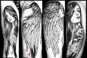 Angel with long hair, hugging her knees, wings folded around her tattoo idea