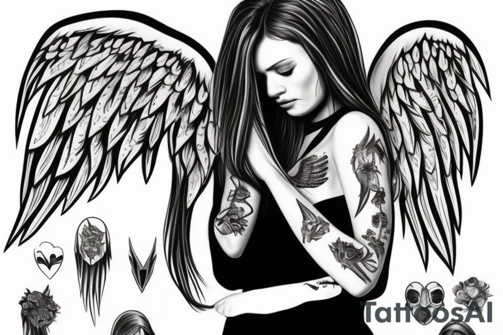 Angel with long hair, hugging her knees, wings folded around her tattoo idea