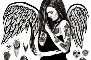 Angel with long hair, hugging her knees, wings folded around her tattoo idea