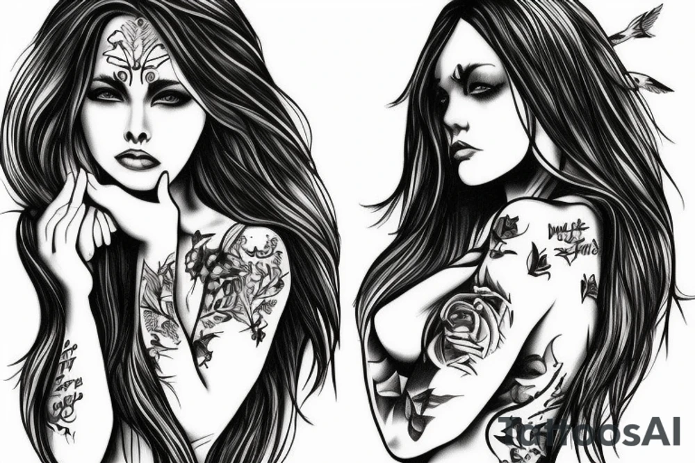 Angel with long hair, hugging her knees tattoo idea