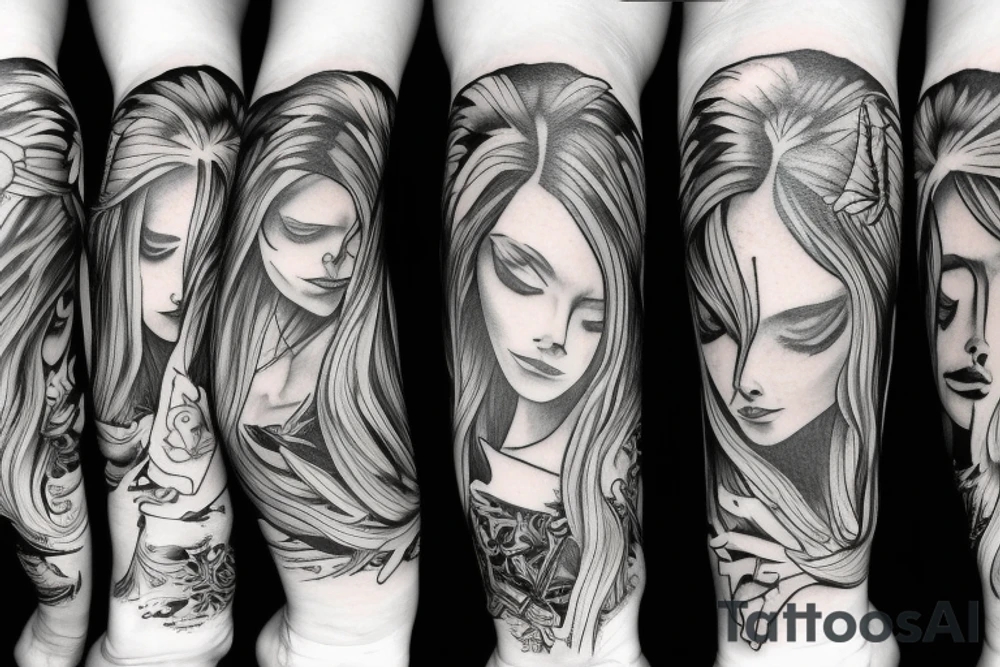 Angel with long hair, hugging her knees tattoo idea