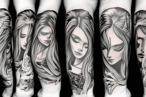 Angel with long hair, hugging her knees tattoo idea