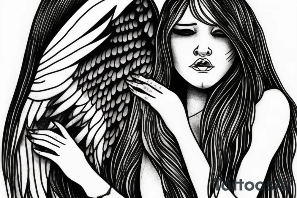 Angel with long hair, hugging her knees tattoo idea