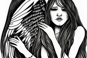 Angel with long hair, hugging her knees tattoo idea