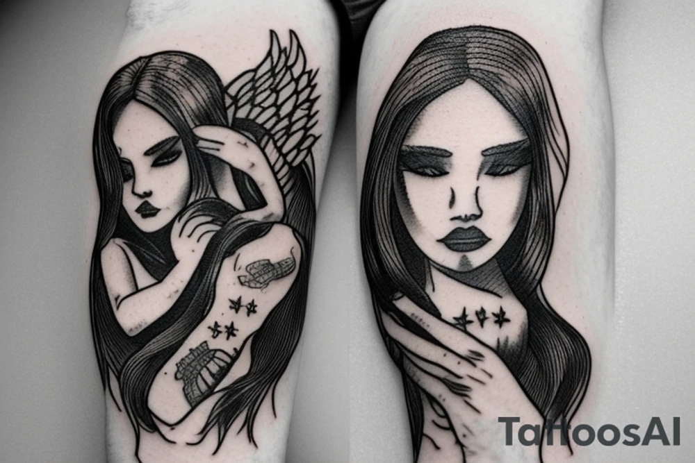 Angel with long hair, hugging her knees tattoo idea