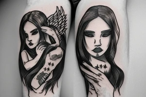 Angel with long hair, hugging her knees tattoo idea