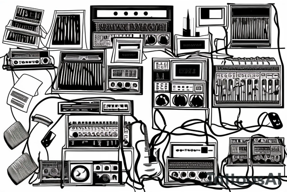 A sound mixing desk with tape machine on a background of the cover of the unknown pleasures of joy division tattoo idea