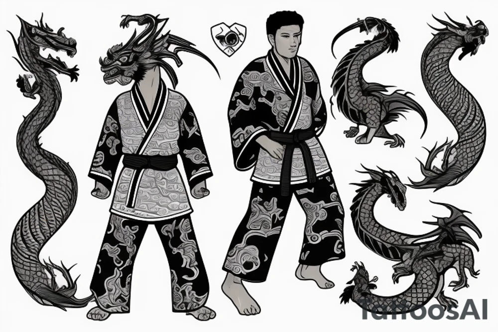 A dragon wearing a BJJ kimono with a reference to poker tattoo idea