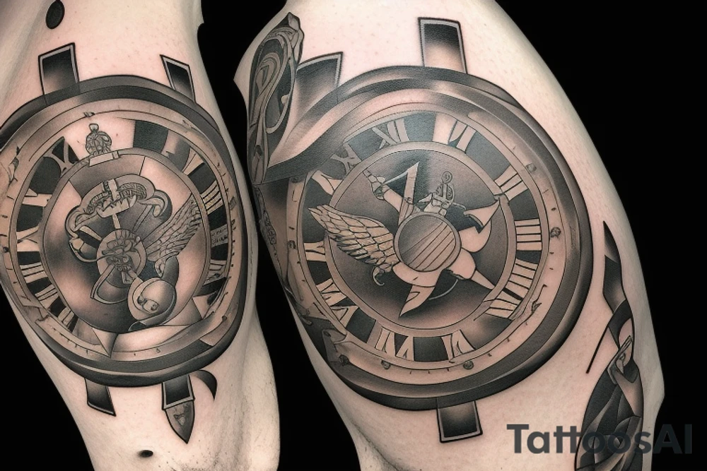 Marine Corps Elements: Surrounding the clock face, you could incorporate elements related to the Marine Corps. These could include tattoo idea