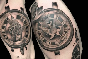 Marine Corps Elements: Surrounding the clock face, you could incorporate elements related to the Marine Corps. These could include tattoo idea