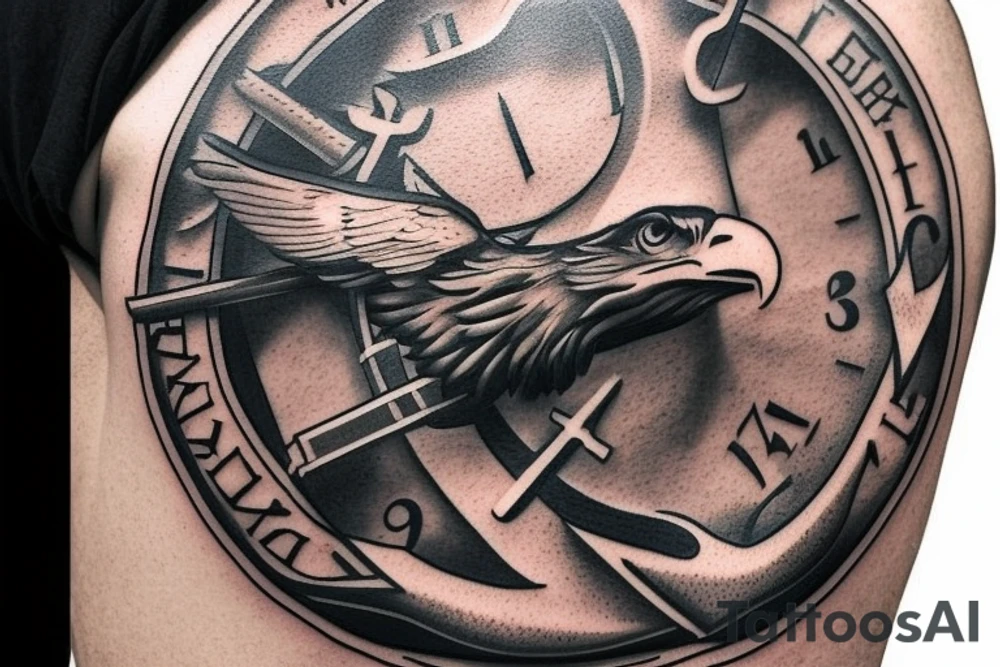 Marine Corps Emblem: The Eagle, Globe, and Anchor emblem, which is the official emblem of the United States Marine Corps, could be featured prominently. It could be positioned on either side of the clock face, with the eagle's wings extending outward. tattoo idea