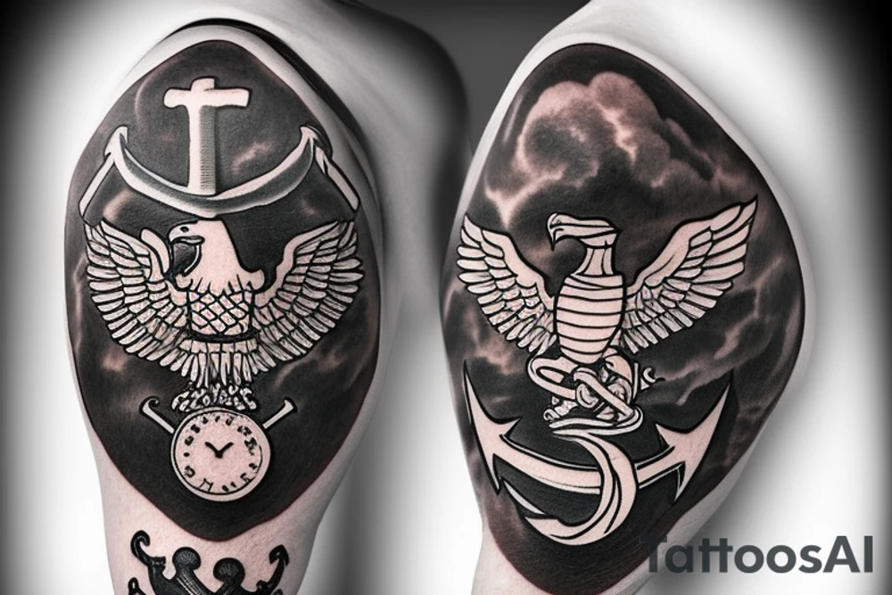 Marine Corps Emblem: The Eagle, Globe, and Anchor emblem, which is the official emblem of the United States Marine Corps, could be featured prominently. It could be positioned on either side of the clock face, with the eagle's wings extending outward. tattoo idea