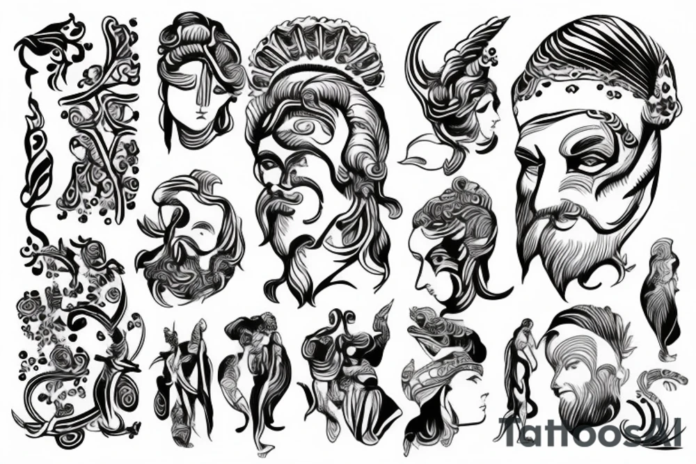 Greek god with a Greek pattern background tattoo idea