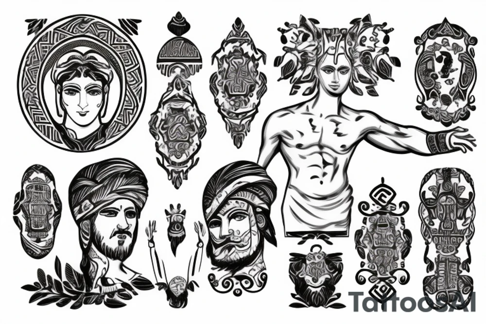 Greek god with a Greek pattern background tattoo idea