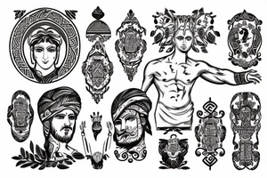 Greek god with a Greek pattern background tattoo idea