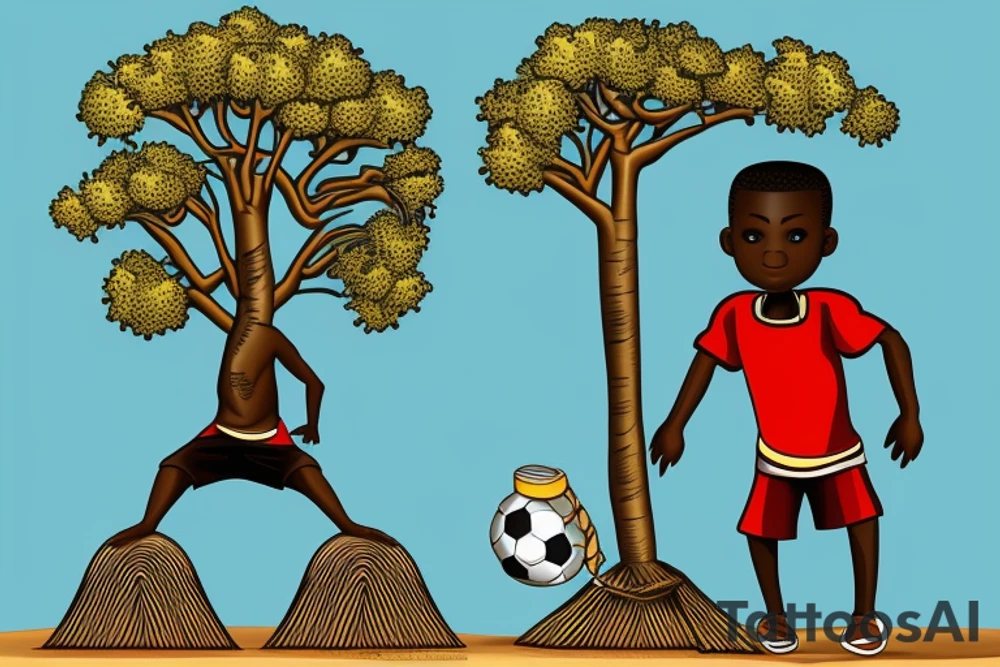 An african boy playing football under a vachellia tortilis with a marabout on the tree tattoo idea