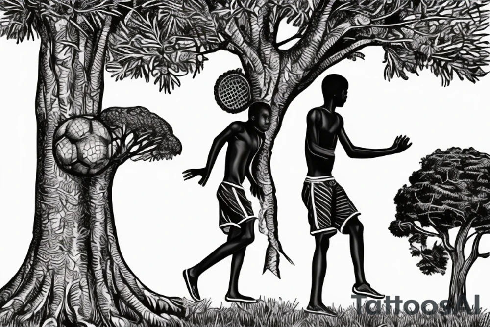 An african boy playing football under a vachellia tortilis with a marabout on the tree tattoo idea