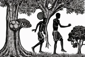 An african boy playing football under a vachellia tortilis with a marabout on the tree tattoo idea