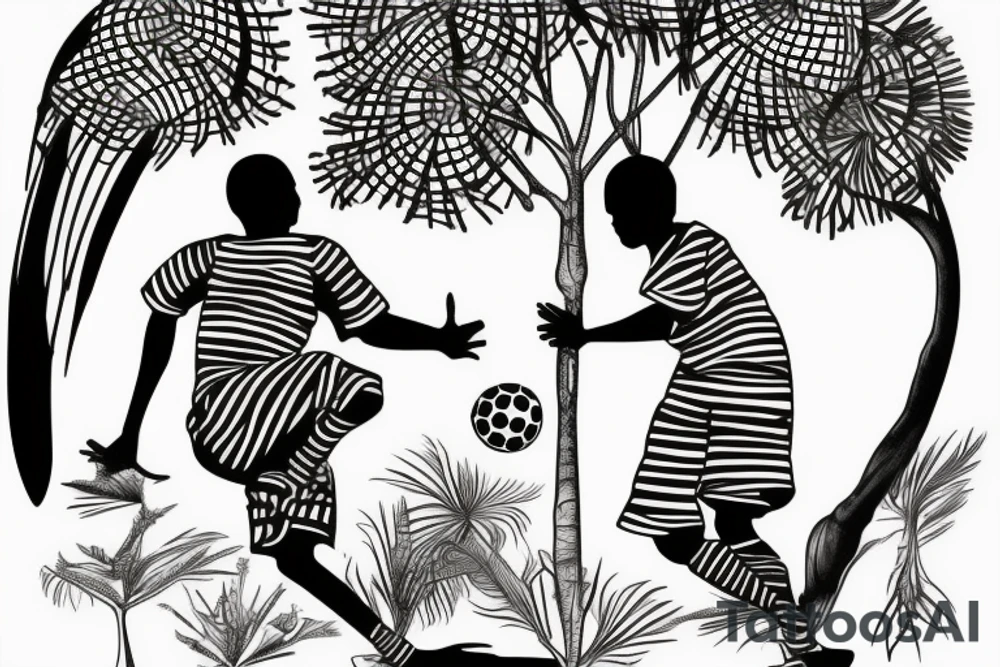An african boy playing football under a vachellia tortilis with a marabout on the tree tattoo idea