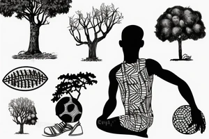 An african boy playing football under a vachellia tortilis with a marabout on the tree tattoo idea