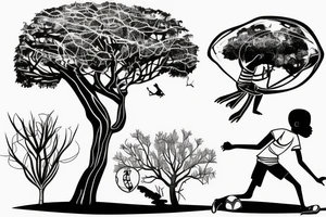 An african boy playing football under a vachellia tortilis with a marabout on the tree tattoo idea