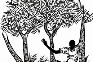 An african boy playing football under a vachellia tortilis with a marabout on the tree tattoo idea