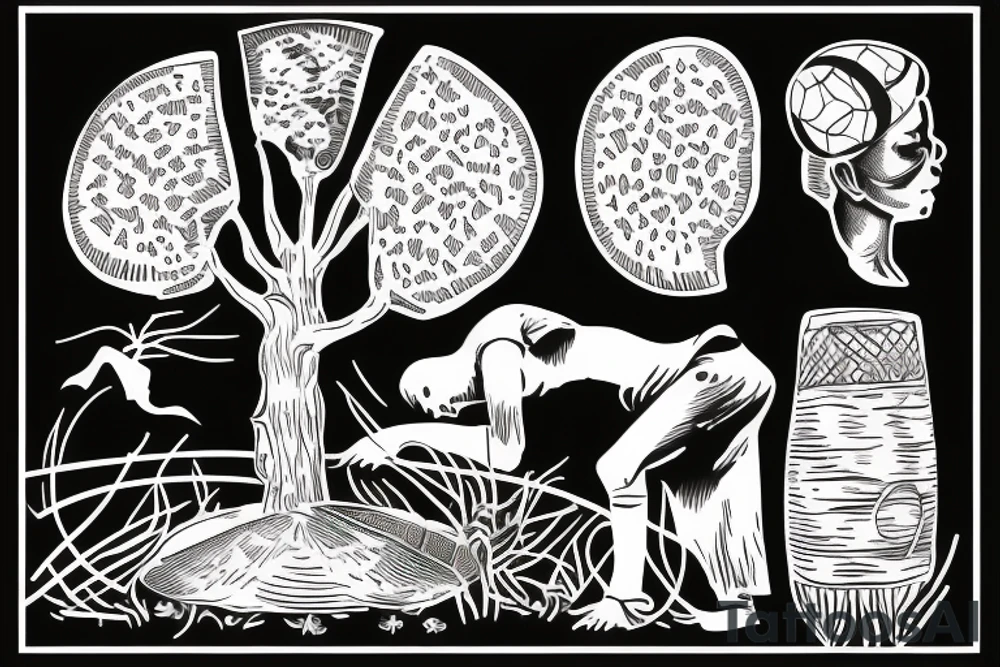 An african boy playing football under a vachellia tortilis with a marabout on the tree tattoo idea An african boy playing football under a vachellia tortilis with a marabout on the tree tattoo idea