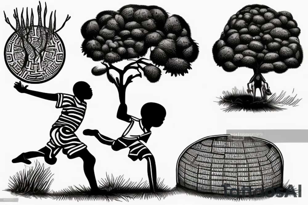 An african boy playing football under a vachellia tortilis with a marabout on the tree tattoo idea