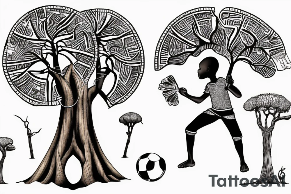 An african boy playing football under a vachellia tortilis with a marabout on the tree tattoo idea