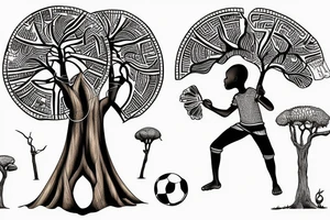 An african boy playing football under a vachellia tortilis with a marabout on the tree tattoo idea