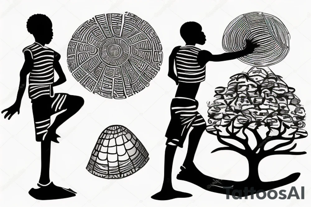 An african boy playing football under a vachellia tortilis with a marabout on the tree tattoo idea