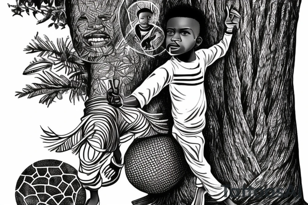 An african boy playing football under a vachellia tortilis with a marabout on the tree tattoo idea