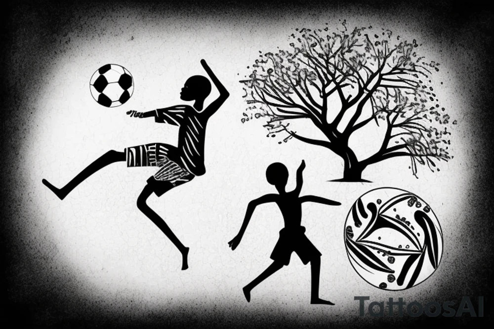An african boy playing football under a vachellia tortilis with a marabout on the tree tattoo idea