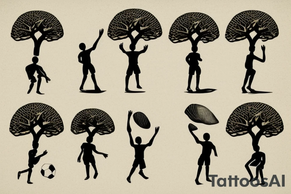 An african boy playing football under a vachellia tortilis with a marabout on the tree tattoo idea