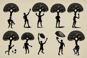 An african boy playing football under a vachellia tortilis with a marabout on the tree tattoo idea