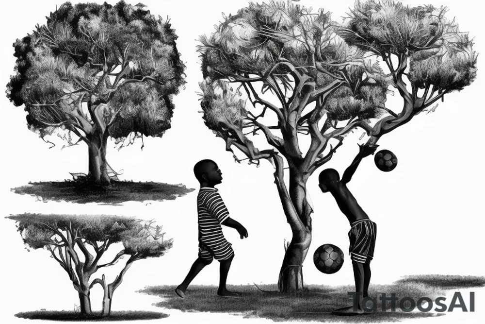 An african boy playing football under a vachellia tortilis with a marabout on the tree tattoo idea