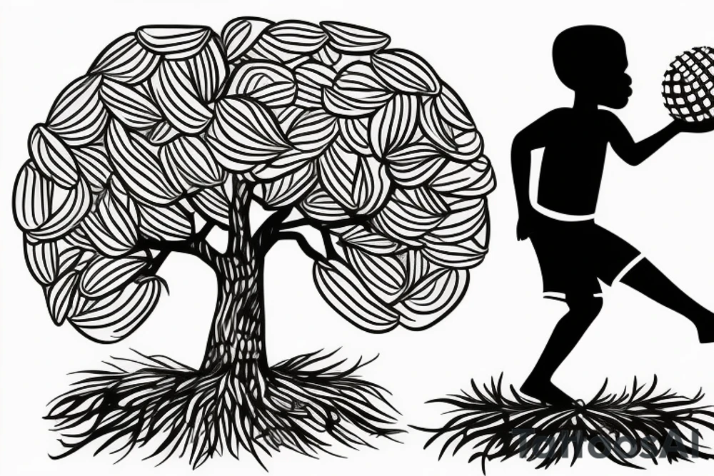 An african boy playing football under a vachellia tortilis with a marabout on the tree tattoo idea