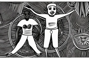 An african boy playing football under a vachellia tortilis with a marabout on the tree tattoo idea