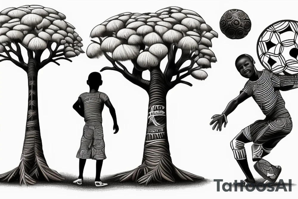 An african boy playing football under a vachellia tortilis with a marabout on the tree tattoo idea An african boy playing football under a vachellia tortilis with a marabout on the tree tattoo idea