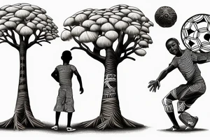 An african boy playing football under a vachellia tortilis with a marabout on the tree tattoo idea