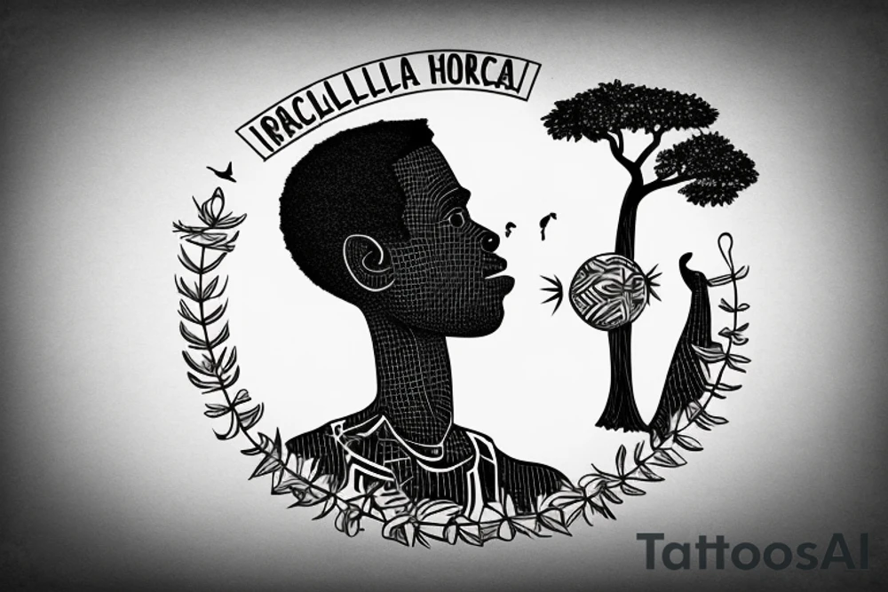 An african boy playing football under a vachellia tortilis with a marabout on the tree tattoo idea