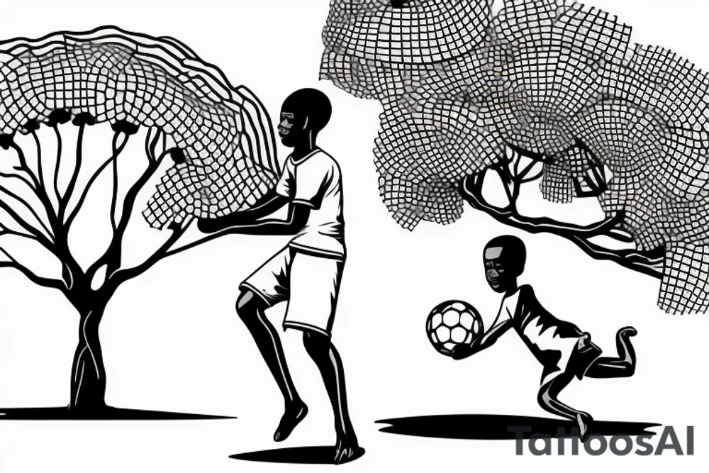 An african boy playing football under a vachellia tortilis with a marabout on the tree tattoo idea