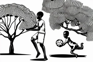 An african boy playing football under a vachellia tortilis with a marabout on the tree tattoo idea