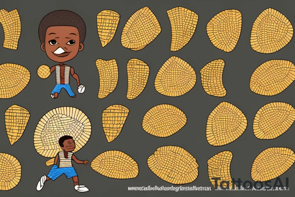 An african boy playing football under a vachellia tortilis with a marabout on the tree tattoo idea
