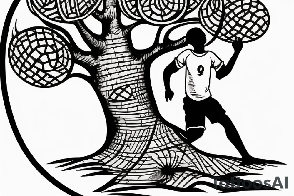 An african boy playing football under a vachellia tortilis with a marabout on the tree tattoo idea