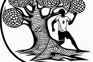 An african boy playing football under a vachellia tortilis with a marabout on the tree tattoo idea
