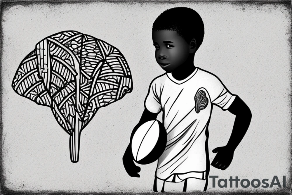 An african little boy playing football under a vachellia tortilis tattoo idea